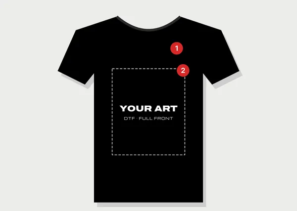 Black T-shirt mockup with a “your art” print area and placement markers
